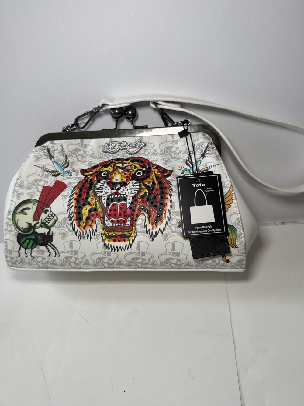 Ed Hardy White Rhinestone Tiger Kiss Lock Shoulder Bag Y2K Skull Tattoo Purse